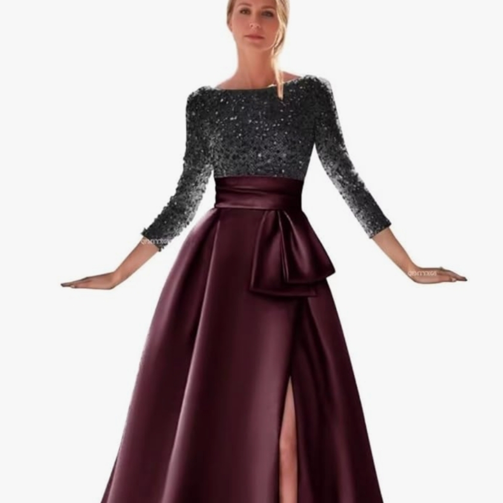 Sequin Bodice & Satin Skirt Evening Dress in Charcoal and Burgundy